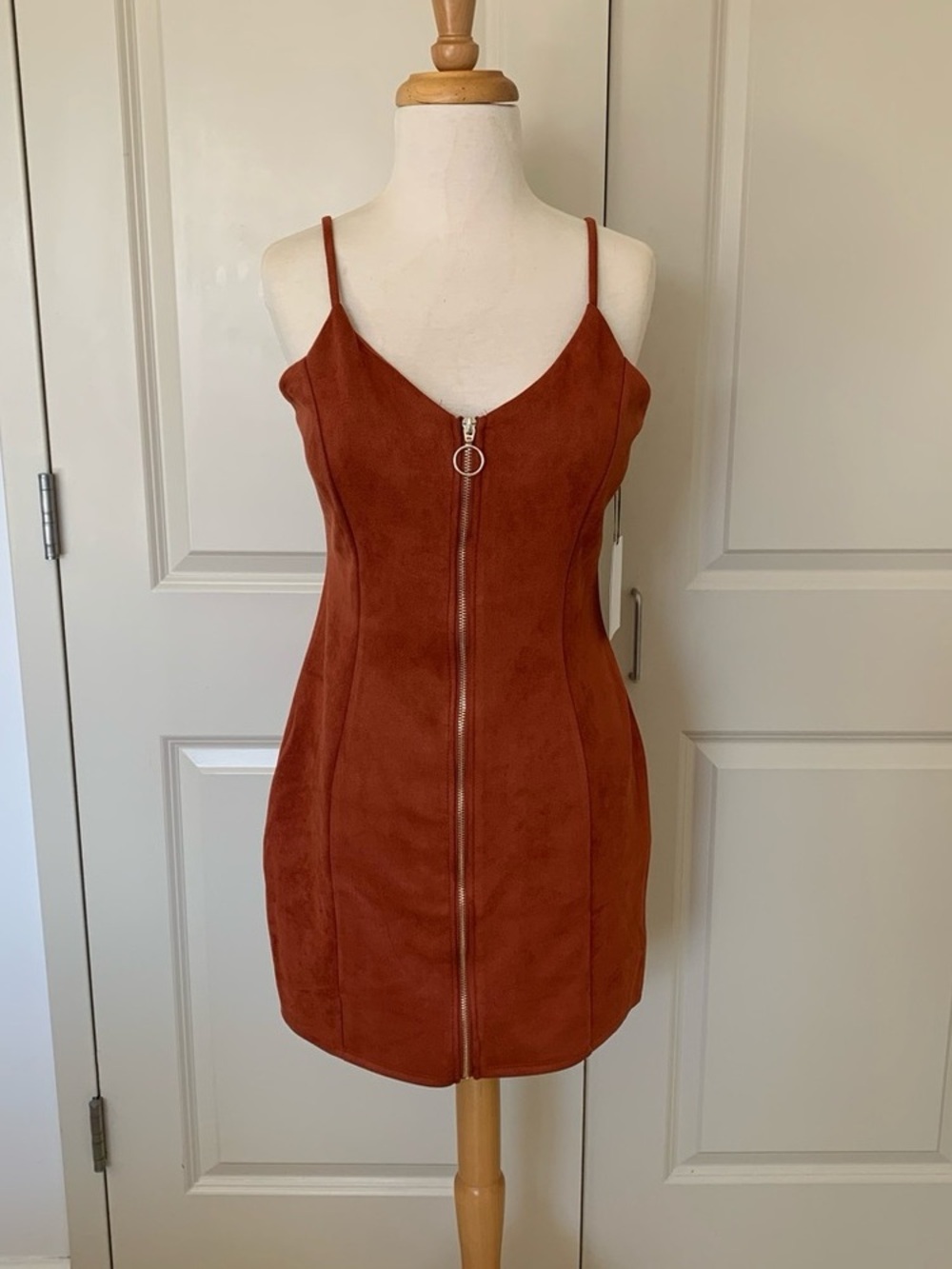 Iris Medium Brown Faux Suede Western Boho Festival Zip Up Club Summer Mini Dress